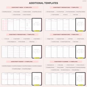 May include: Digital templates for event planning, including menus, party invitations, and budget trackers. The image displays various templates for party preparations, planning, and shopping, with a clean, organized layout. The templates are designed for digital use.