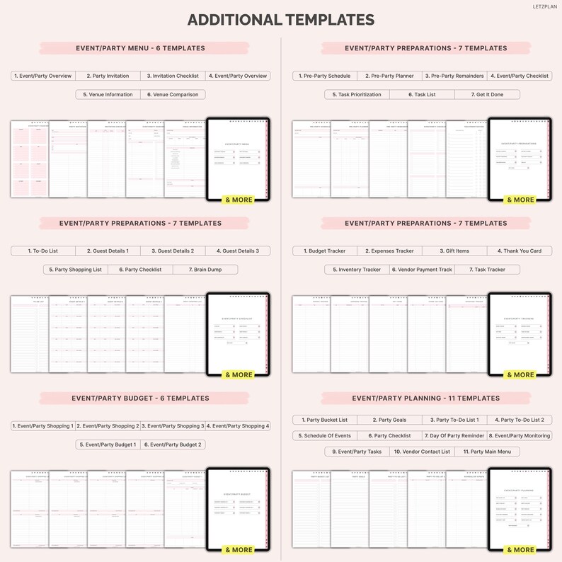 May include: Digital templates for event planning, including menus, party invitations, and budget trackers. The image displays various templates for party preparations, planning, and shopping, with a clean, organized layout. The templates are designed for digital use.