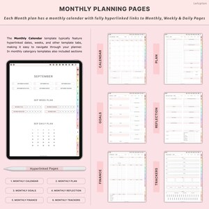 May include: Digital planner pages with a monthly calendar, plan, goals, reflection, finance, and trackers. The planner is displayed on a tablet with a stylus. The pages are light pink with white text and tabs.