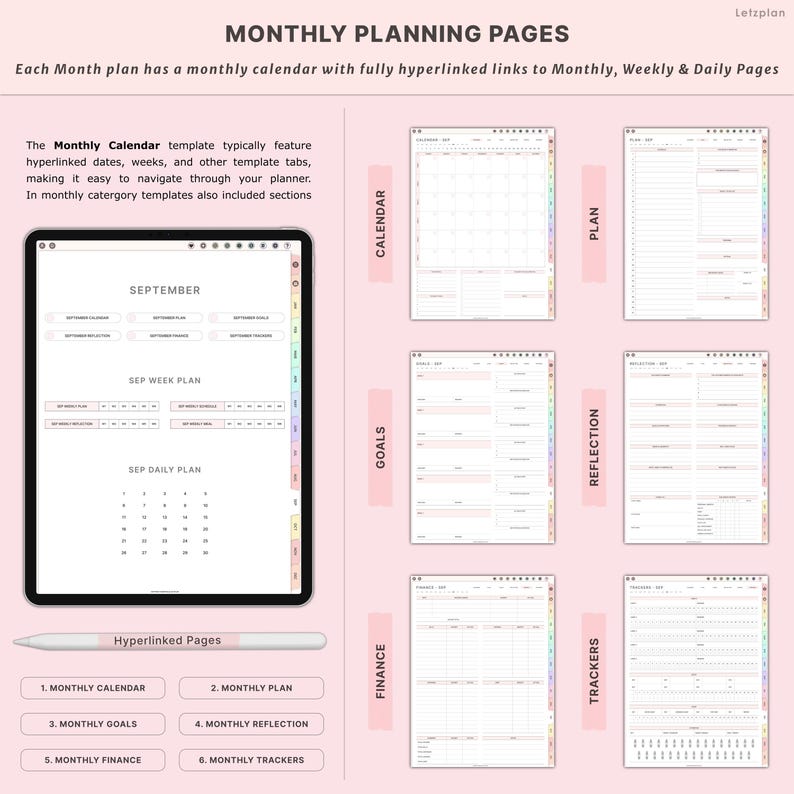 May include: Digital planner pages with a monthly calendar, plan, goals, reflection, finance, and trackers. The planner is displayed on a tablet with a stylus. The pages are light pink with white text and tabs.