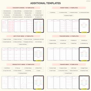 May include: A digital planner template with various organizational tools. The image displays several sections, including teacher planning, parent menu, unit study menu, trackers menu, productivity menu, and finance menu. Each section has multiple templates.