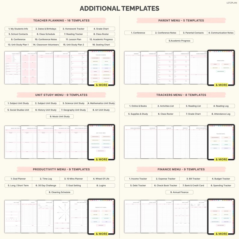 May include: A digital planner template with various organizational tools. The image displays several sections, including teacher planning, parent menu, unit study menu, trackers menu, productivity menu, and finance menu. Each section has multiple templates.