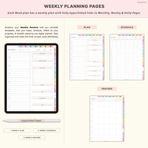 May include: Digital planner with weekly planning pages. The image shows a tablet displaying a weekly plan, schedule, and prayer pages. A stylus and text that reads "Hyperlinked Pages" are also visible.