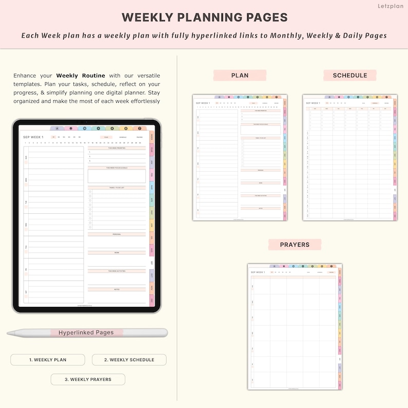 May include: Digital planner with weekly planning pages. The image shows a tablet displaying a weekly plan, schedule, and prayer pages. A stylus and text that reads "Hyperlinked Pages" are also visible.
