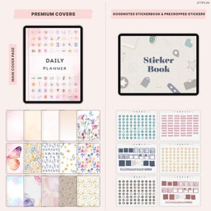 Pode incluir: Conjunto de planejador digital e livro de adesivos. A imagem mostra um tablet exibindo uma interface "Daily Planner" com &iacute;cones coloridos. Abaixo est&atilde;o v&aacute;rios designs de capa e folhas de adesivos.