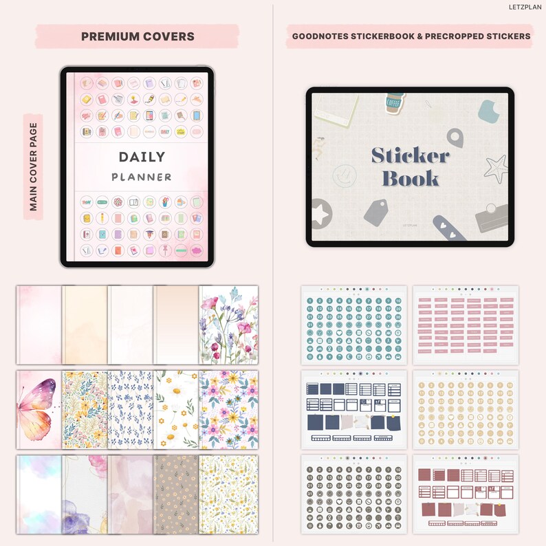Pode incluir: Conjunto de planejador digital e livro de adesivos. A imagem mostra um tablet exibindo uma interface "Daily Planner" com &iacute;cones coloridos. Abaixo est&atilde;o v&aacute;rios designs de capa e folhas de adesivos.
