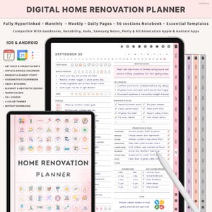 Puede incluir: Planificador digital de renovación del hogar que se muestra en una tableta y un dispositivo más pequeño. El planificador incluye un calendario, listas de tareas y secciones para notas. El texto en la pantalla dice "Home Renovation Planner".