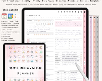 Digital renoveringsplanerare för heminredning, renoveringsorganisatör, budgetmall för hemförbättring, checklista för gör-det-själv-projekt, husplanerare