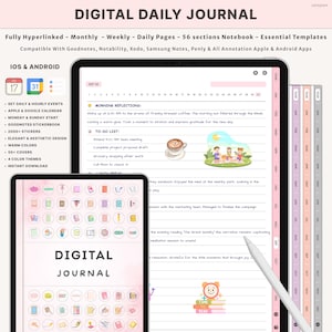 Digital Daily Journal for iPad GoodNotes Notability | Minimalist Hyperlinked iPad Diary with Prompts Self Care Mental Health Notebook