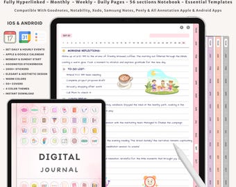 Digital Daily Journal for iPad GoodNotes Notability | Minimalist Hyperlinked iPad Diary with Prompts Self Care Mental Health Notebook