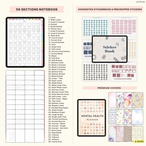 May include: Digital planner bundle featuring a 56-section notebook, sticker book, and mental health planner. Includes various grid styles, lined pages, and pre-cropped stickers. Premium covers are also shown.