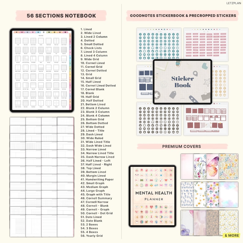 May include: Digital planner bundle featuring a 56-section notebook, sticker book, and mental health planner. Includes various grid styles, lined pages, and pre-cropped stickers. Premium covers are also shown.