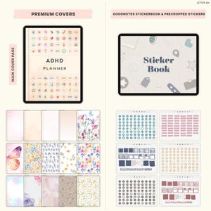 May include: Digital planner and sticker book set. The planner features a beige cover with the text "ADHD PLANNER" and various icons. The sticker book has a beige background with the text "Sticker Book". Additional covers and sticker sheets are also shown.