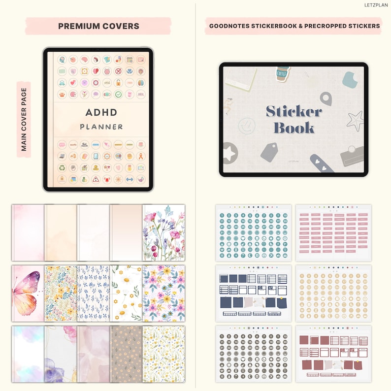 May include: Digital planner and sticker book set. The planner features a beige cover with the text "ADHD PLANNER" and various icons. The sticker book has a beige background with the text "Sticker Book". Additional covers and sticker sheets are also shown.