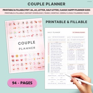 May include: A printable and fillable couple's planner with a pink and white cover featuring heart and love-themed illustrations. The planner includes yearly, monthly, weekly, and daily planning pages. The image also shows a daily planner page with a hand holding a stylus.