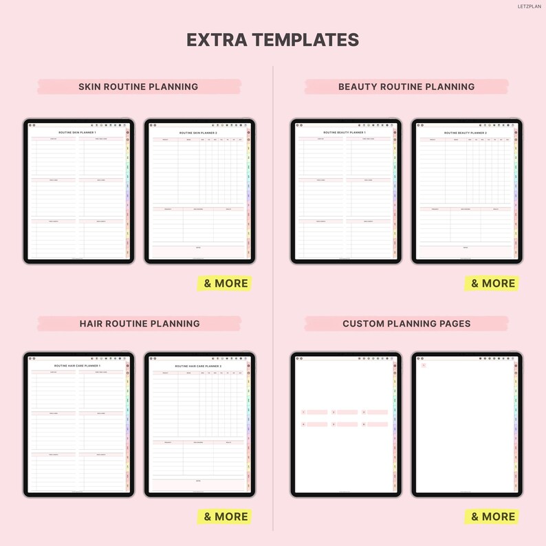 May include: Digital planner templates for skin, beauty, and hair routines, plus custom planning pages. The image shows several digital tablets with templates, with the text "EXTRA TEMPLATES" at the top. The templates are in pink and white.