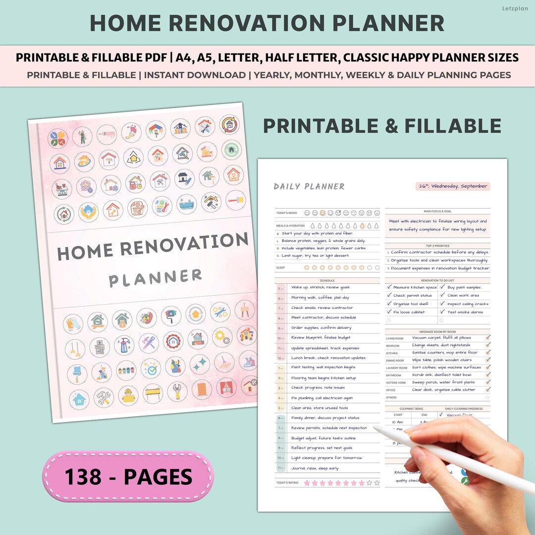 Home Renovation Planner Printable | Budget Checklist Project Tracker ...