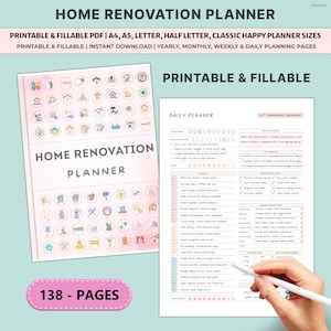 Op de afbeelding: Een Home Renovation Planner met de tekst "Home Renovation Planner" en "Printable & Fillable". De planner bevat dagelijkse, wekelijkse en maandelijkse planningspagina's. De afbeelding toont ook een hand die een pen vasthoudt en de tekst "138 - PAGES".