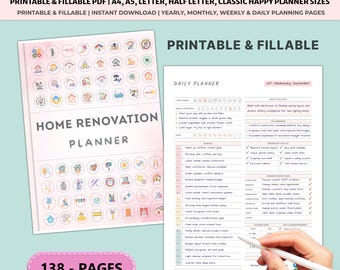 Planificador de renovación del hogar imprimible / Lista de verificación de presupuesto / Seguimiento de proyectos / Diseño de interiores de remodelación DIY (Paquete A4/A5)
