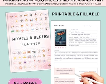 Könnte beinhalten: Ein druckbarer Film- und Serienplaner mit rosa und weißem Cover, Symbolen und Titel. Der Planer enthält Seiten für die Jahres-, Monats-, Wochen- und Tagesplanung. Das Bild zeigt auch eine Filmkritikseite.