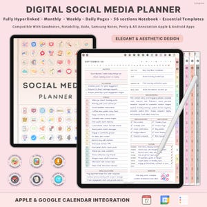May include: Digital social media planner on a tablet, featuring a pink and white design. The planner includes sections for monthly, weekly, and daily planning, with essential templates. Compatible with various note-taking apps. The text "SOCIAL MED PLANNER" is visible.