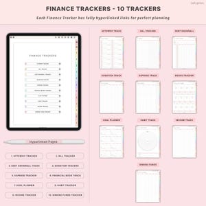 May include: Digital finance trackers with 10 hyperlinked pages, including Afterpay, Bill, and Debt Snowball trackers. The image shows a tablet with a stylus and various financial planning templates, all in a soft pink colour scheme.