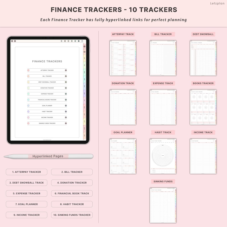 May include: Digital finance trackers with 10 hyperlinked pages, including Afterpay, Bill, and Debt Snowball trackers. The image shows a tablet with a stylus and various financial planning templates, all in a soft pink colour scheme.