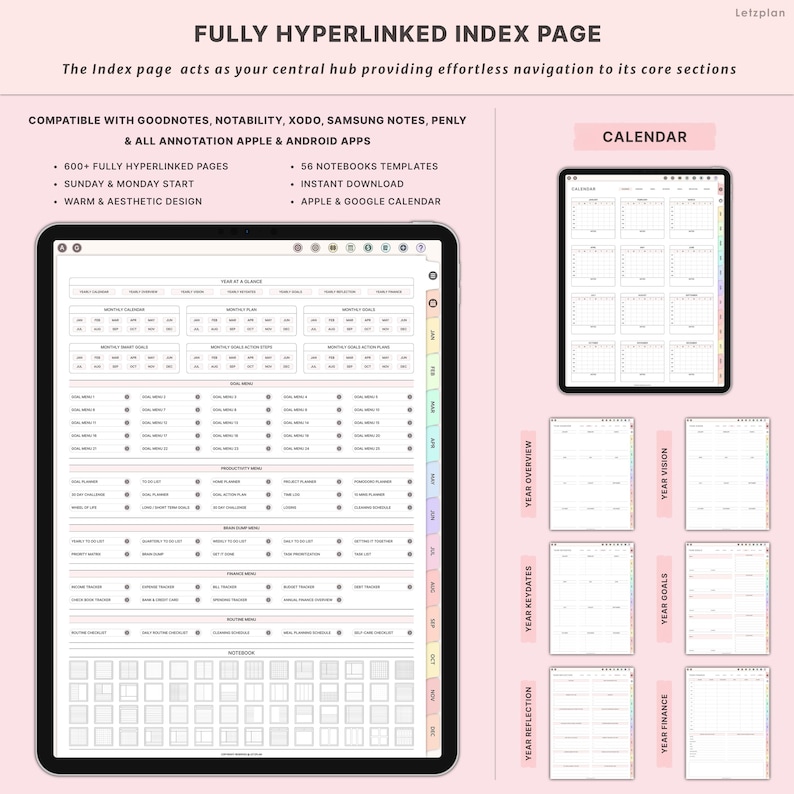 K&ouml;nnte beinhalten: Ein digitaler Planer auf einem Tablet, mit einer voll verlinkten Indexseite. Das Bild enth&auml;lt Kalendervorlagen, Jahres&uuml;bersicht, Ziele und Finanzbereiche. Der Text auf dem Bild enth&auml;lt "Fully Hyperlinked Index Page" und "Letzplan".