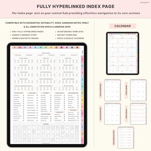 May include: A digital planner displayed on a tablet, featuring a fully hyperlinked index page. The planner includes sections for calendar, year overview, key dates, goals, and reflection. Text on the image includes "Fully Hyperlinked Index Page" and "Letzplan".