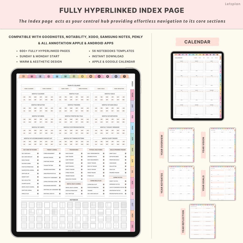 May include: A digital planner displayed on a tablet, featuring a fully hyperlinked index page. The planner includes sections for calendar, year overview, key dates, goals, and reflection. Text on the image includes "Fully Hyperlinked Index Page" and "Letzplan".
