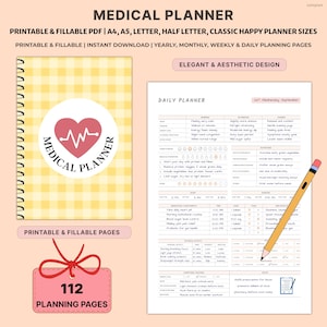 May include: A medical planner with a yellow gingham cover and a heart logo. The planner includes daily, weekly, and monthly pages, and has 112 planning pages. The text on the planner says "Medical Planner" and "Printable & Fillable Pages".