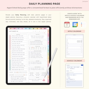 May include: A digital daily planner page on a tablet, featuring a dynamic calendar, to-do lists, and scheduling options. The page includes the text "DAILY PLANNING PAGE" and "SEPTEMBER 30". A stylus is next to the tablet. The planner integrates with Apple and Google Calendar.