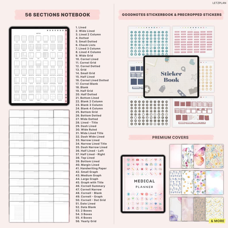 Pu&ograve; includere: Pacchetto di pianificatori digitali con un taccuino a 56 sezioni, un libro di adesivi e un pianificatore medico. Il taccuino include pagine a righe, a puntini e a griglia. Il testo "56 SECTIONS NOTEBOOK" &egrave; visibile.