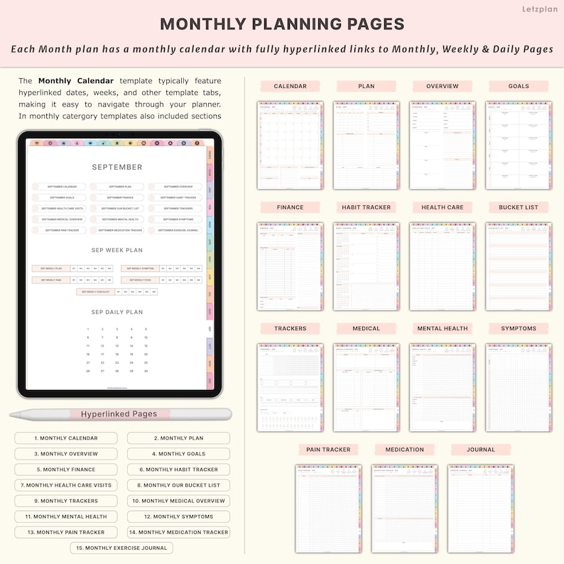 Puede incluir: Planificador digital con p&aacute;ginas de planificaci&oacute;n mensuales, semanales y diarias. Incluye plantillas de calendario, finanzas, seguimiento de h&aacute;bitos, atenci&oacute;n m&eacute;dica y establecimiento de objetivos. Cuenta con p&aacute;ginas con hiperv&iacute;nculos.