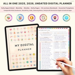Może przedstawiać: Dwa tablety cyfrowe wyświetlające cyfrowy planer. Lewy tablet pokazuje okładkę z tekstem "MY DIGITAL PLANNER". Prawy tablet wyświetla stronę dzienną z listą kontrolną i kalendarzem. U góry widnieje napis "ALL IN ONE 2025, 2026, UNDATED DIGITAL PLANNER".
