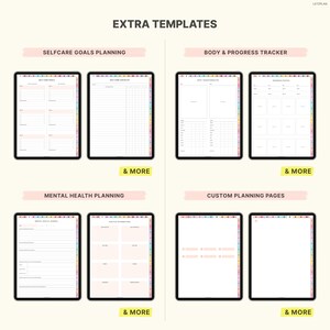 May include: Digital planner templates displayed on black tablets. The image features templates for self-care goals, body and progress tracking, mental health planning, and custom planning pages. The text "EXTRA TEMPLATES" and "& MORE" are also visible.