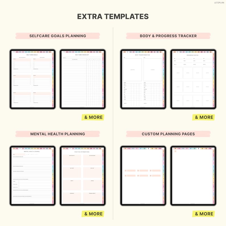 May include: Digital planner templates displayed on black tablets. The image features templates for self-care goals, body and progress tracking, mental health planning, and custom planning pages. The text "EXTRA TEMPLATES" and "& MORE" are also visible.