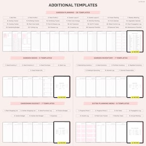 May include: A digital planner template with various gardening planning tools. The image displays a grid of templates, including garden layout, seed inventory, and budget trackers. The text "Additional Templates" and "Let's Plan" are visible.