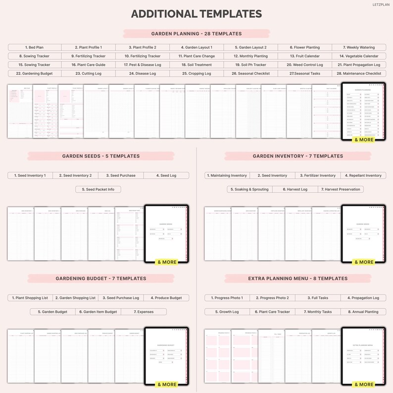 May include: A digital planner template with various gardening planning tools. The image displays a grid of templates, including garden layout, seed inventory, and budget trackers. The text "Additional Templates" and "Let's Plan" are visible.