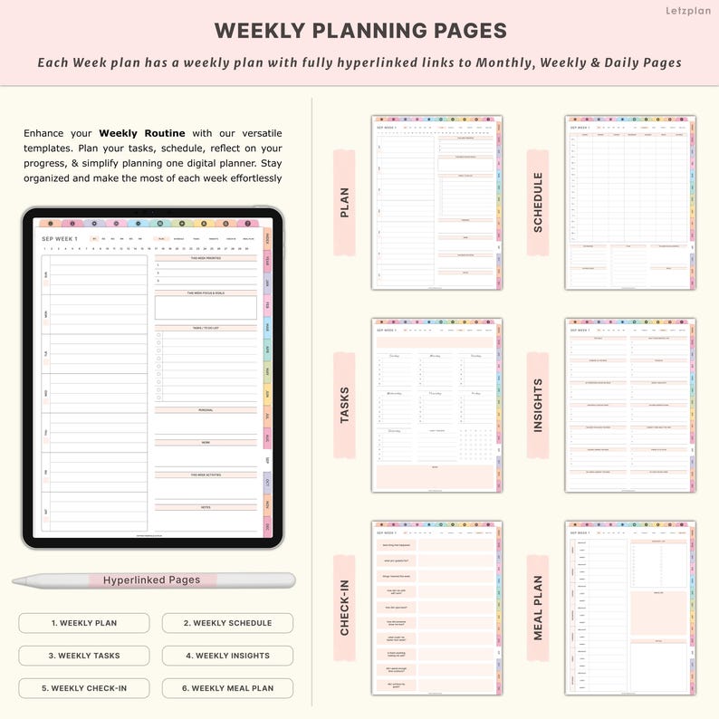 May include: Digital weekly planner pages with a light pink and pastel color scheme. The planner includes sections for weekly plans, schedules, tasks, insights, check-ins, and meal plans. The text "Weekly Planning Pages" is at the top.