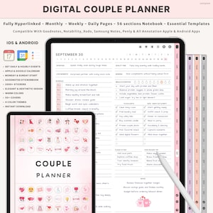 Puede incluir: Planificador digital para parejas mostrado en una tableta y un dispositivo más pequeño. El planificador presenta secciones diarias, semanales y mensuales, centradas en actividades de pareja. El diseño incluye un calendario, pegatinas y una combinación de colores cálidos. El texto "COUPLE PLANNER" es visible.