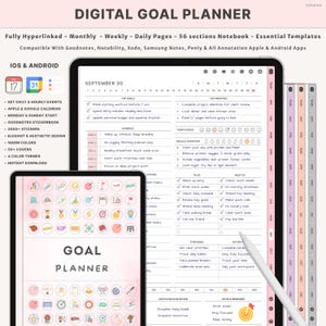 Digital Goal Planner Goodnotes iPad Planner SMART Goal Setting Tracker Vision Board Habit Journal Personal Growth Productivity Template