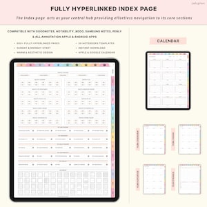 May include: Digital planner with a fully hyperlinked index page. The planner is compatible with Goodnotes, Notability, Xodo, Samsung Notes, and Penly. It includes 600+ pages, 56 notebook templates, and a warm, aesthetic design. Features a calendar and year overview.