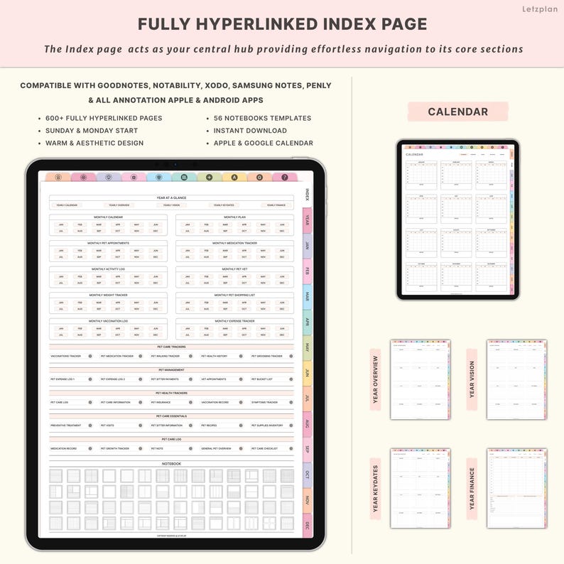 May include: Digital planner with a fully hyperlinked index page. The planner is compatible with Goodnotes, Notability, Xodo, Samsung Notes, and Penly. It includes 600+ pages, 56 notebook templates, and a warm, aesthetic design. Features a calendar and year overview.