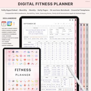 以下が含まれることがあります： タブレットと小型デバイスに表示されたデジタルフィットネスプランナー。スタイラス付き。プランナーには、毎日、毎週、毎月のセクションが含まれており、小型デバイスには「Fitness Planner」というテキストが表示されています。 iOSとAndroidに対応しています。