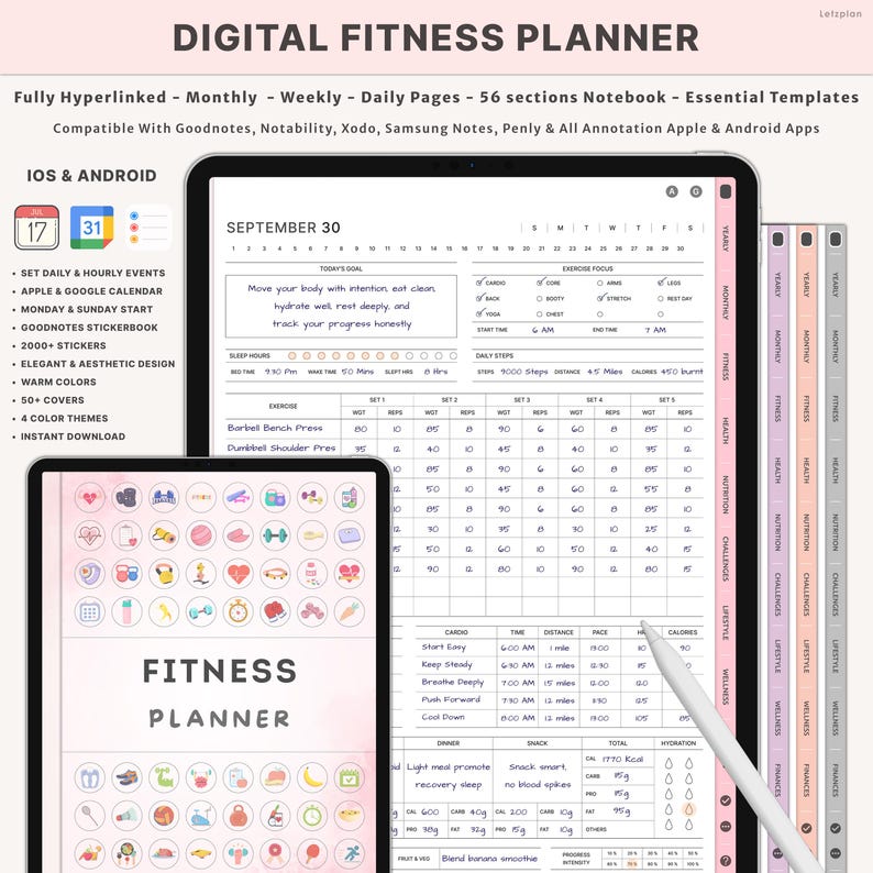 May include: Digital fitness planner on a tablet and smaller device, with a stylus. The planner includes daily, weekly, and monthly sections, with the text "Fitness Planner" on the smaller device. Compatible with iOS and Android.