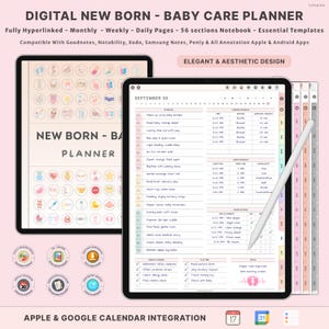 May include: Digital baby care planner on a tablet, featuring a monthly, weekly, and daily layout. The planner includes sections for newborn care, with a focus on elegant and aesthetic design. Compatible with Apple and Android apps.