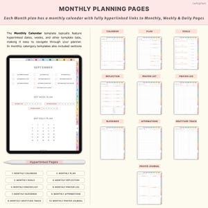 May include: Digital planner pages with a monthly calendar, weekly and daily planning sections. The planner includes sections for goals, reflection, prayer, affirmations, and gratitude. The text on the image says "Monthly Planning Pages" and "Hyperlinked Pages".
