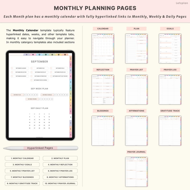 May include: Digital planner pages with a monthly calendar, weekly and daily planning sections. The planner includes sections for goals, reflection, prayer, affirmations, and gratitude. The text on the image says "Monthly Planning Pages" and "Hyperlinked Pages".