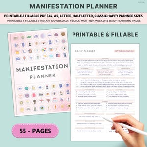 May include: A printable and fillable manifestation planner with a pink and white cover. The planner includes yearly, monthly, weekly, and daily planning pages. The text "Manifestation Planner" is displayed prominently on the cover. The planner is 55 pages.